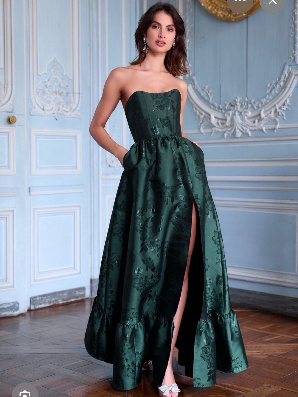 V. Chapman Strapless Emerald Jacquard Ball Gown with High Slit